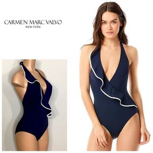 New. Carmen Marc Valvo plunge navy ruffle swimsuit. Normally $139 size 10